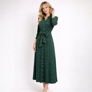 NWT BODEN Green Polka Dot Shirt Dress Tie Waist Midi Cotton/Tencel Jersey Sz 6 T
